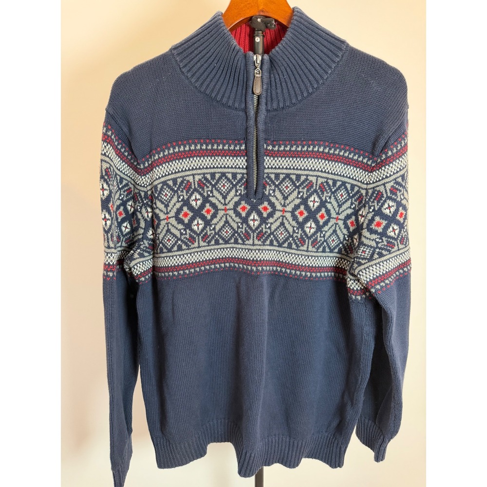 LL Bean Mens Navy Blue Fair Isle Nordic 1/4 Zip Cotton Sweater Large Cabin Core